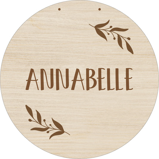 Plaque avec prénom, en bois, à personnaliser - branche 20Ø