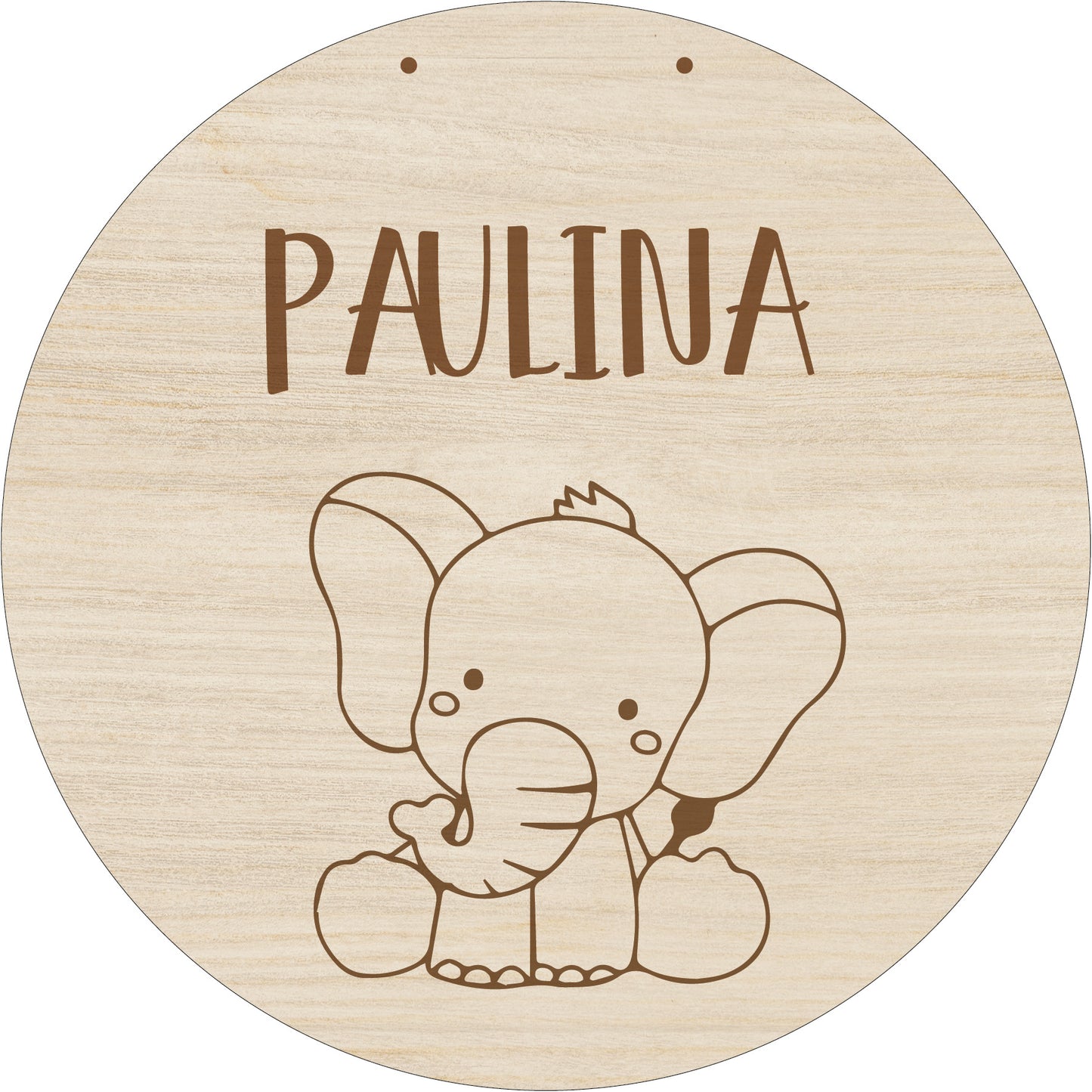 Plaque avec prénom, en bois, à personnaliser - éléphant 20Ø