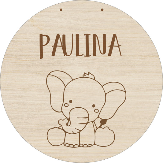 Plaque avec prénom, en bois, à personnaliser - éléphant 20Ø