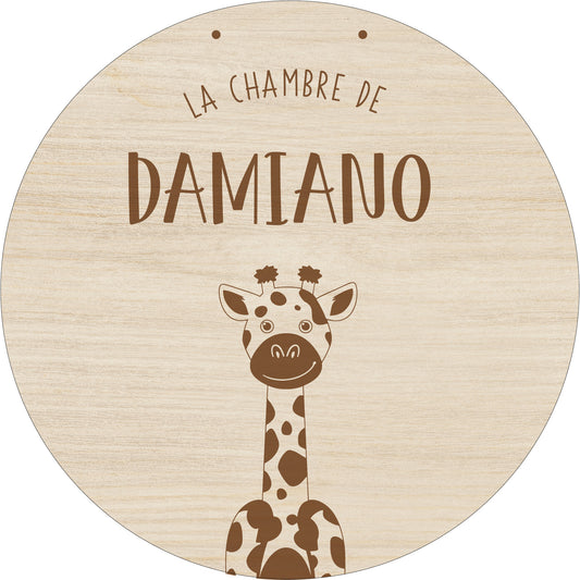 Plaque avec prénom, en bois, à personnaliser - girafe 20Ø